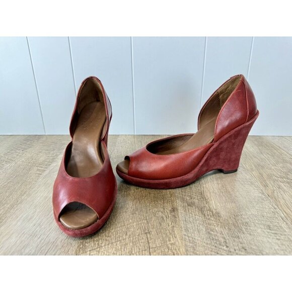Kork Ease Liliana Heels Shoes Womens 7.5 Red Wedge Slip On Peep Toe Leather - Picture 2 of 13